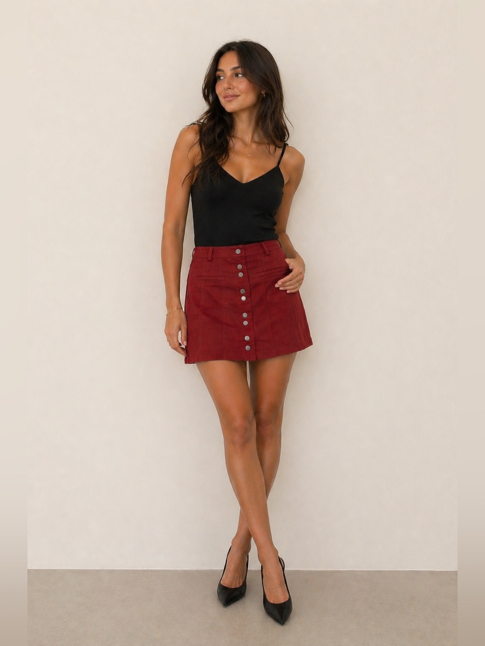 ZARA Deep Rust Orange A-Line Skirt w/Front Snap Buttons faux Pockets Academia